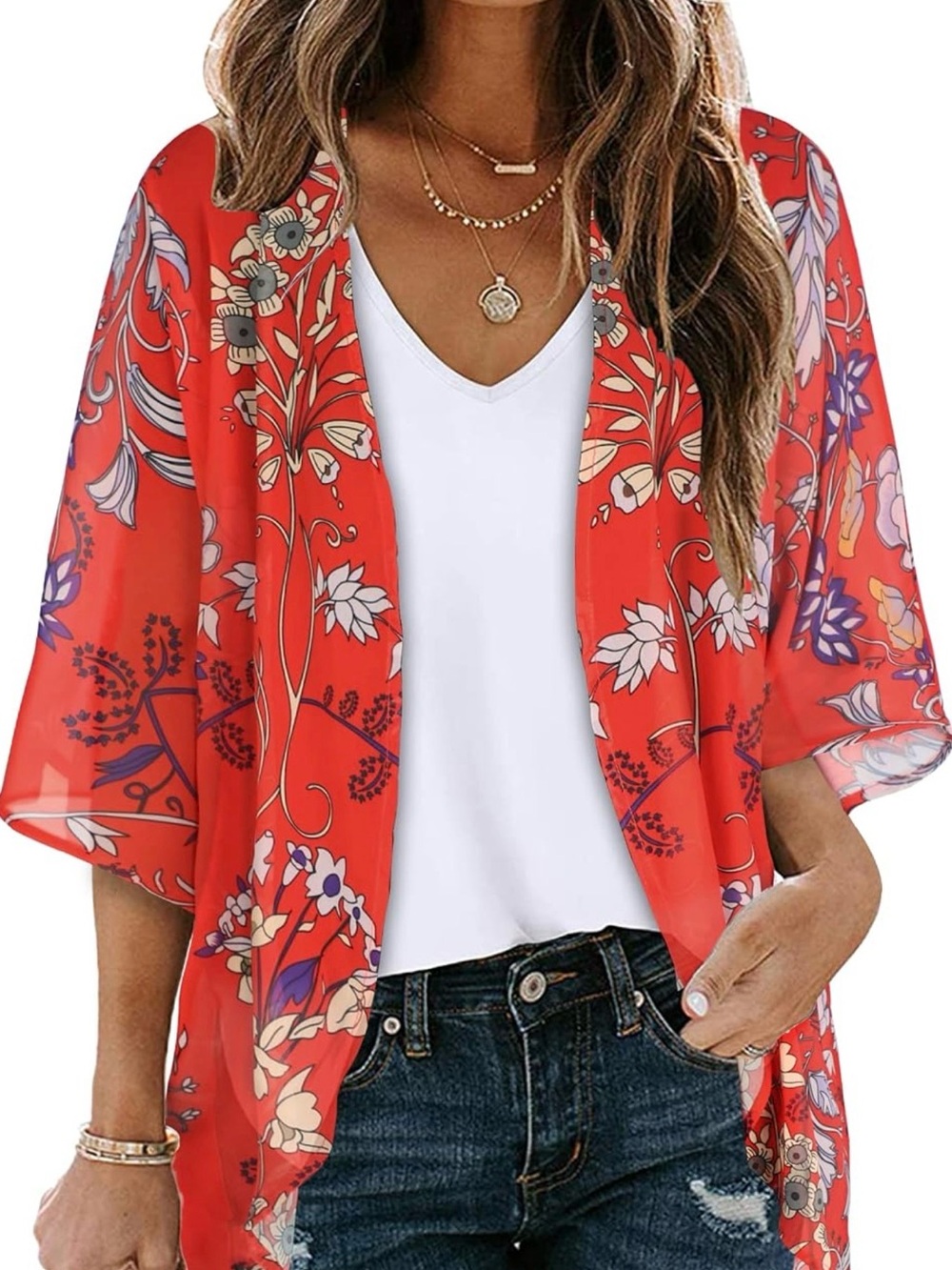 Women’s Red Floral Sheer Kimono
